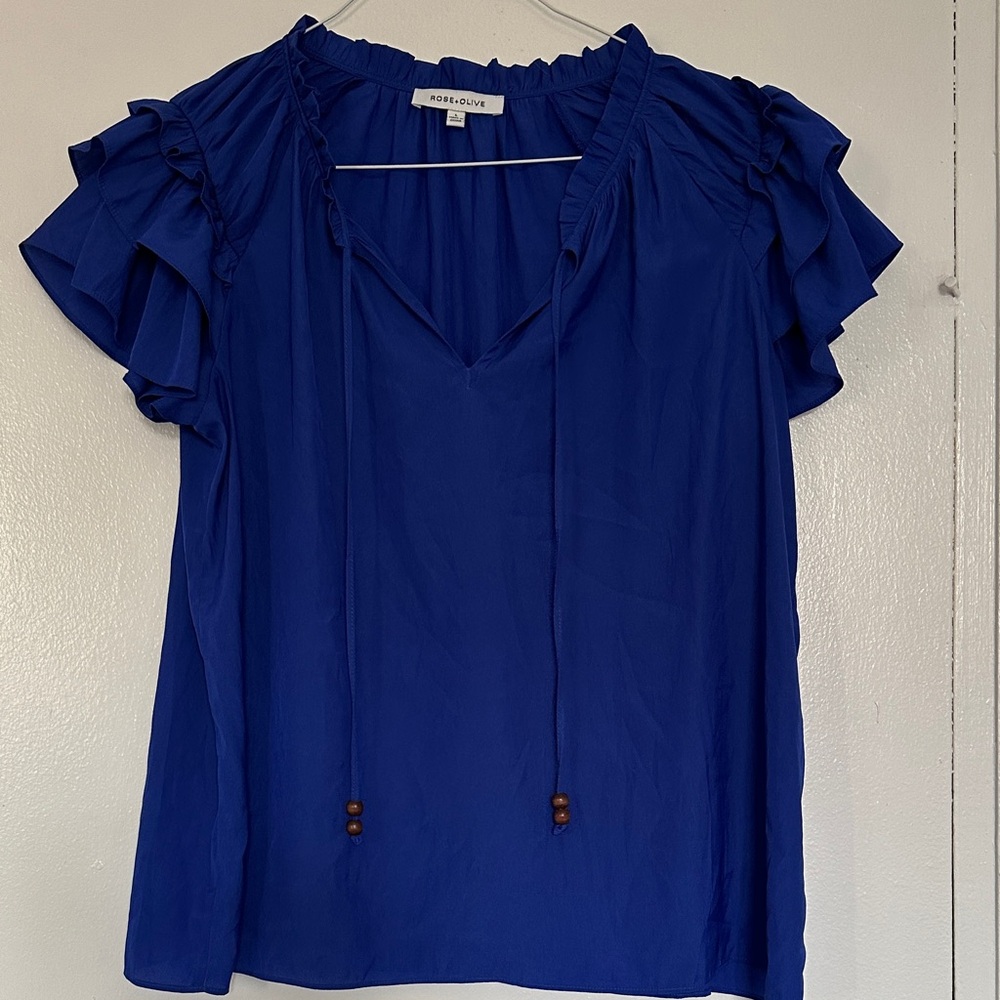 Rose & Olive Cobalt Blue V-Neck Ruffle Sleeve Blouse